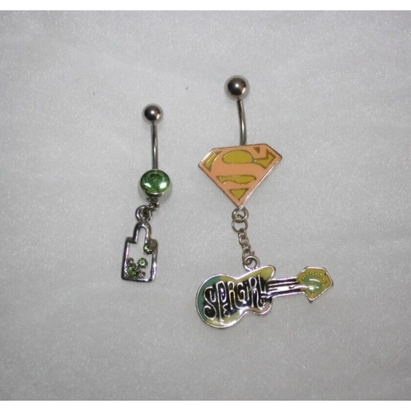 Super Girl Guitar & Green Rhinestone Dangle Belly Rings Stainless Steel Pink - Picture 1 of 3